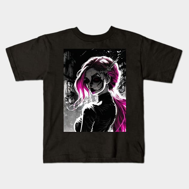 Shades of Mystery: Captivating Black and White Anime Girl Renderings Horror Goth Gothic Dark Pink Hair Fashion Kids T-Shirt by ShyPixels Arts